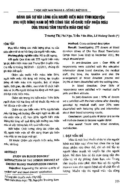 Đánh giá sự hài lòng của người hiến máu tình nguyện khu vực Đông Nam Bộ với công tác tổ chức tiếp nhận máu của Trung Tâm truyền máu Chợ Rẫy