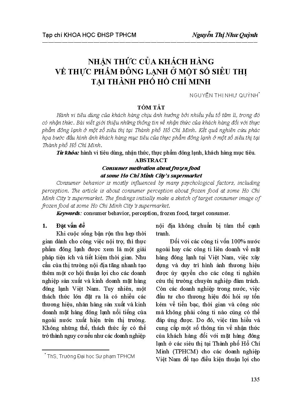 Nhận thức của khách hàng về thực phẩm đông lạnh ở một số siêu thị tại Thành phố Hồ Chí Minh