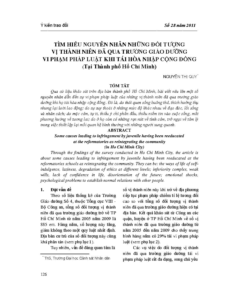 Tìm hiểu nguyên nhân những đối tượng vị thành niên đã qua trường giáo dưỡng vi phạm pháp luật khi tái hòa nhập cộng đồng (tại Thành phố Hồ Chí Minh)