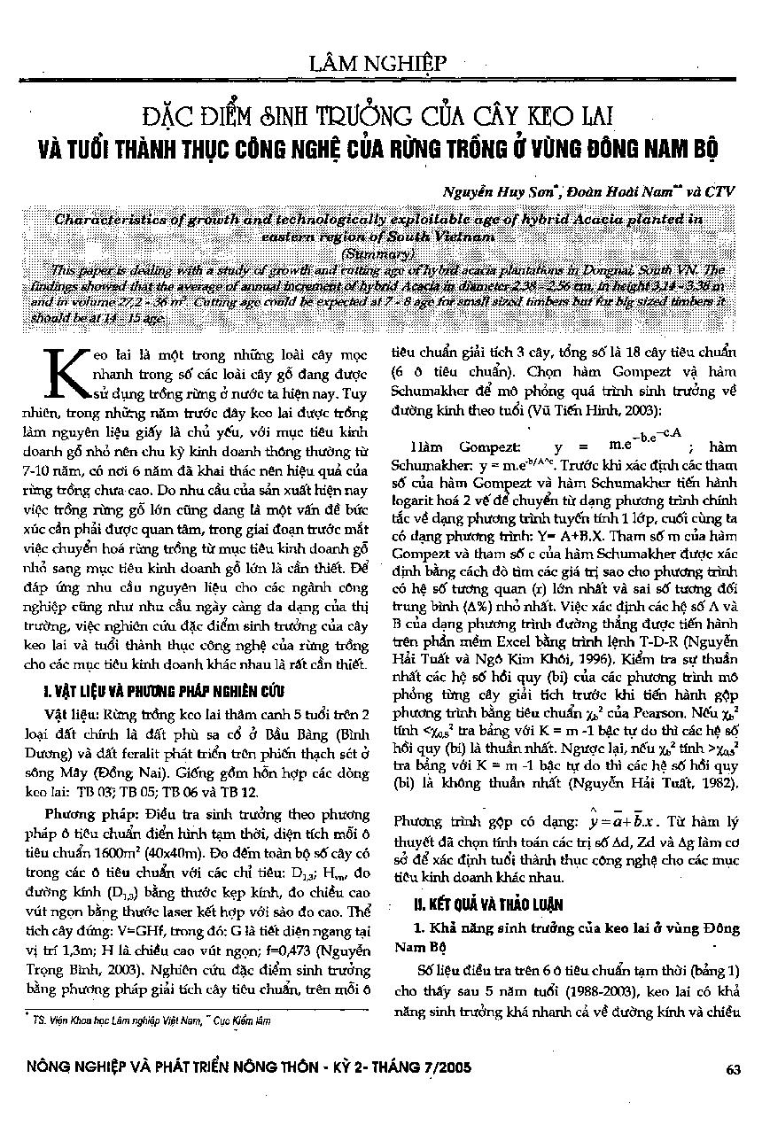 Đặc điểm sinh trưởng của cây keo lai và tuổi thành tục công nghệ của rừng trồng ở Đông Nam Bộ