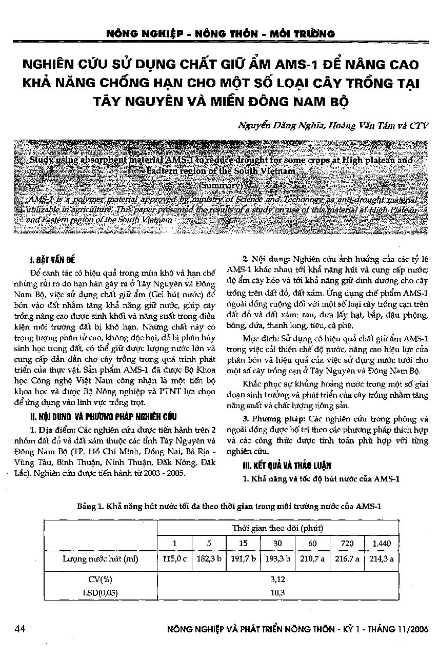 Nghiên cứu sử dụng chất giữ ẩm AMS-1 để nâng cao khả năng chống hạn cho một số loại cây trồng tại Tây Nguyên và miền Đông Nam Bộ