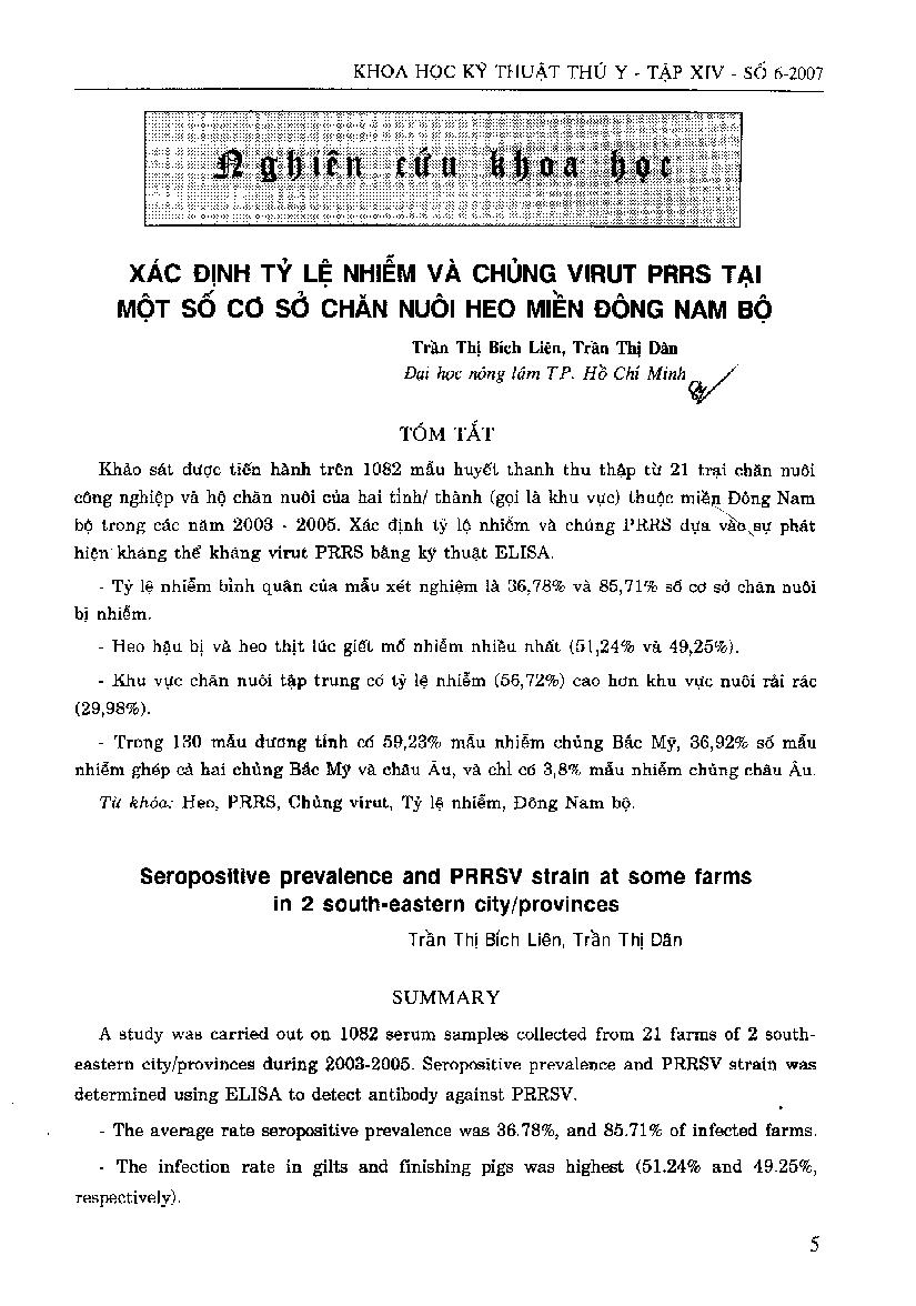 Xác định tỉ lệ nhiễm và chủng virut PRRS tại một số cơ sở chăn nuôi heo miền Đông Nam Bộ