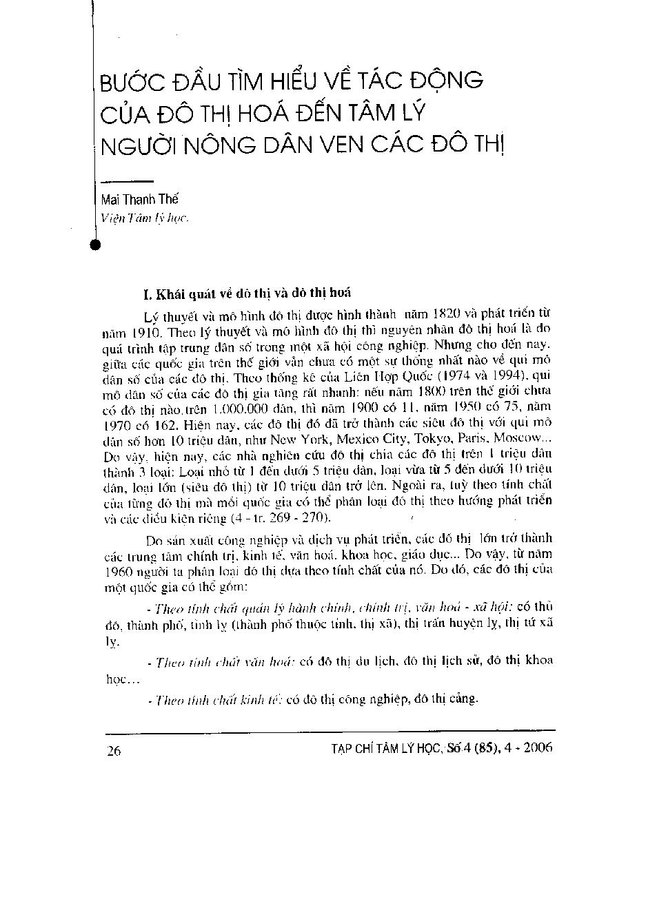 Bước đầu tìm hiểu về tác động của đô thị hóa đến tâm lý người nông dân ven các đô thị