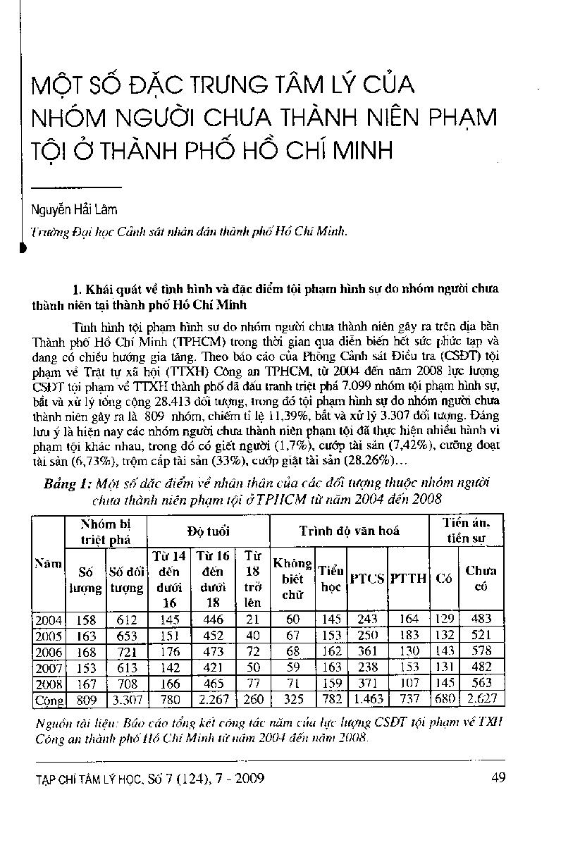 Một số đặc trưng tâm lý của nhóm người chưa thành niên phạm tội ở Thành phố Hồ Chí Minh