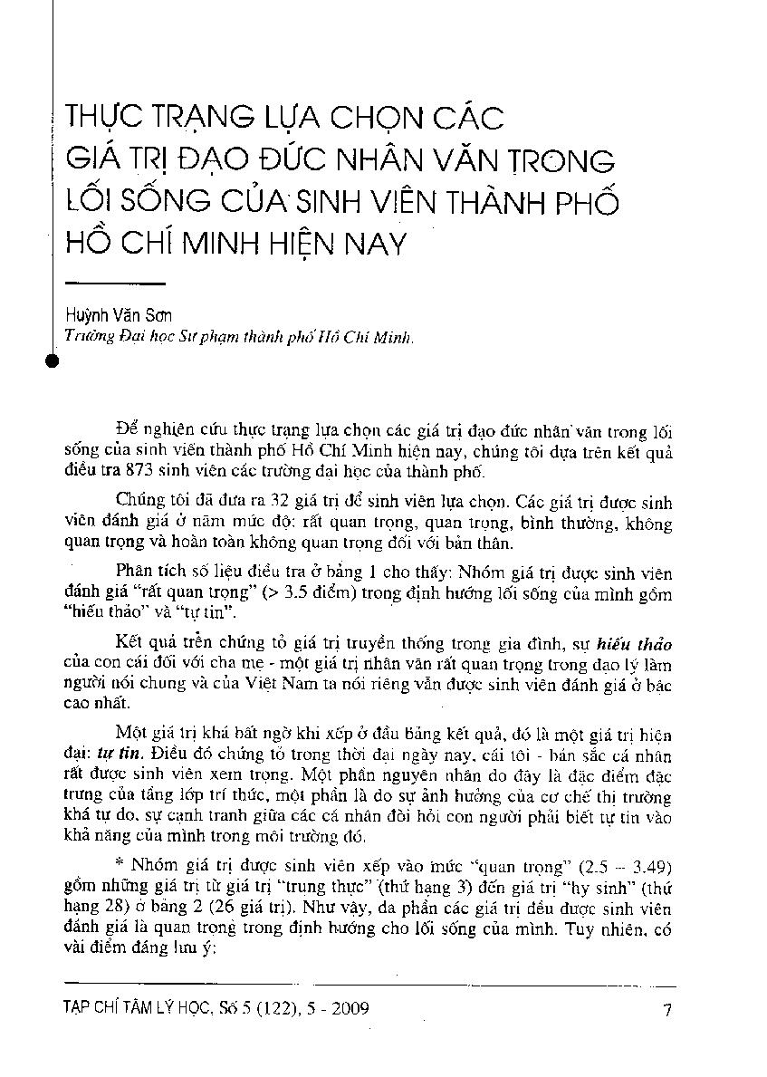 Thực trạng lựa chọn các giá trị đạo đức nhân văn trong lối sống của sinh viên Thành phố Hồ Chí Minh hiện nay