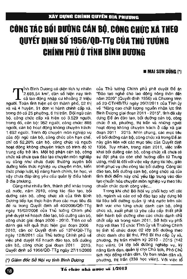 Công tác bồi dưỡng cán bộ, công chức xã theo quyết định số 1956/QĐ-TTg của Thủ tướng chính phủ ở tỉnh Bình Dương