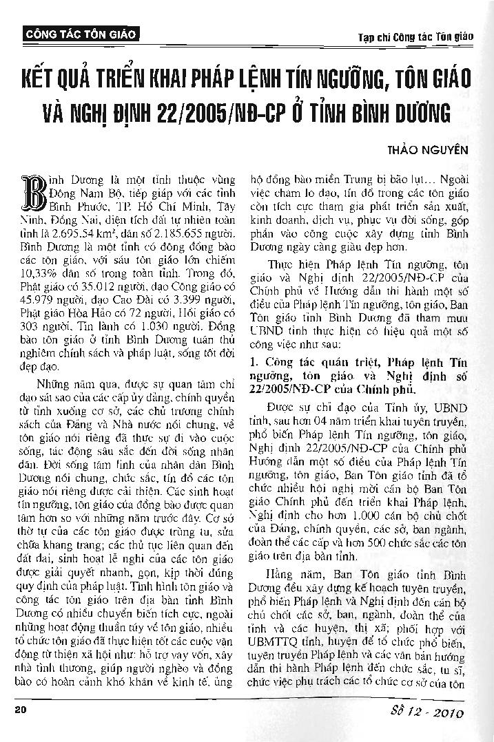 Kết quả triển khai pháp lệnh tín ngưỡng, tôn giáo và Nghị định 22/2005/NĐ-CP ở tỉnh Bình Dương