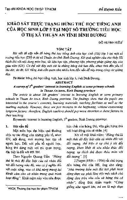 Khảo sát thực trạng hứng thú học Tiếng Anh của học sinh lớp 5 tại một số trường Tiểu học ở Thị xã Thuận An tỉnh Bình Dương