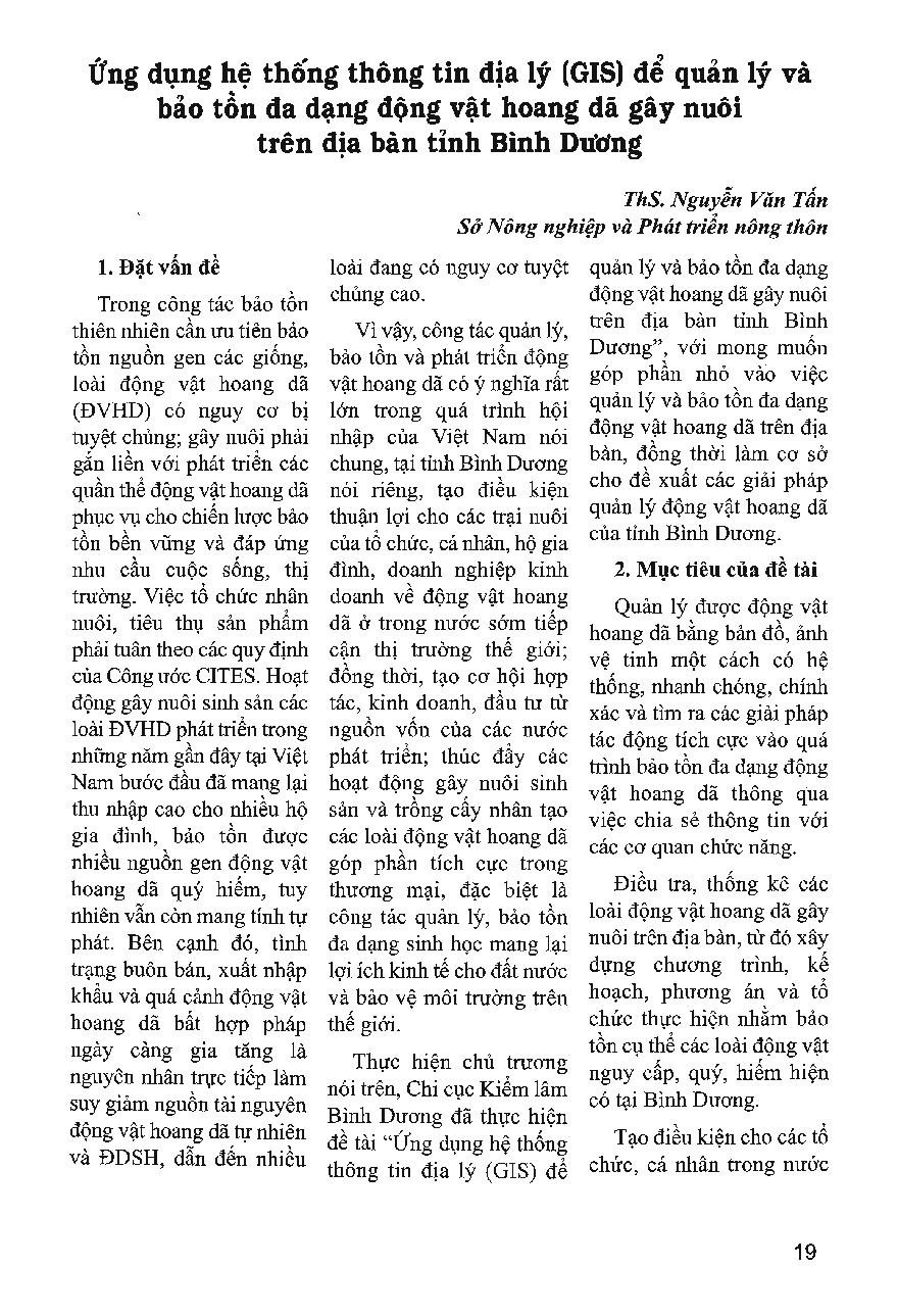 Ứng dụng hệ thống thông tin địa lý (GIS) để quản lý và bảo tồn đa dạng động vật hoang dã gây nuôi trên địa bàn tỉnh Bình Dương