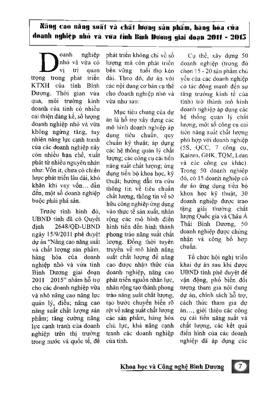 Nâng cao năng suất và chất lượng sản phẩm, hàng hóa của doanh nghiệp nhỏ và vừa tỉnh Bình Dương giai đoạn 2011-2015