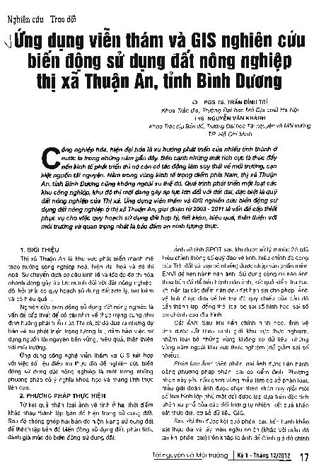 Ứng dụng viễn thám và Gis nghiên cứu biến động sử dụng đất nông nghiệp thị xã Thuận An, tỉnh Bình Dương