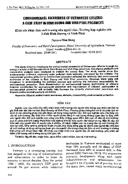 Khảo sát nhận thức môi trường của người dân: Trường hợp nghiên cứu ở tỉnh Bình Dương và Vĩnh Phúc