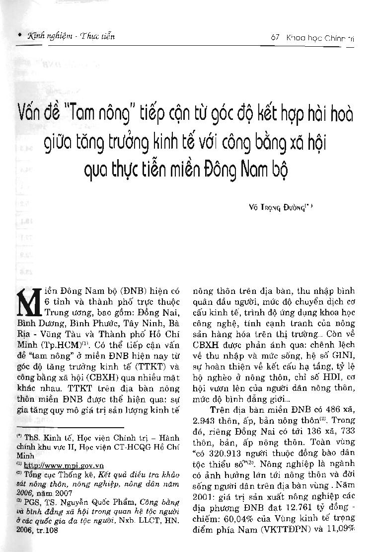 Vấn đề "tam nông" tiếp cận từ góc độ hài hòa giữa tăng trưởng kinh tế với công bằng xã hội qua thực tiễn miền Đông Nam Bộ