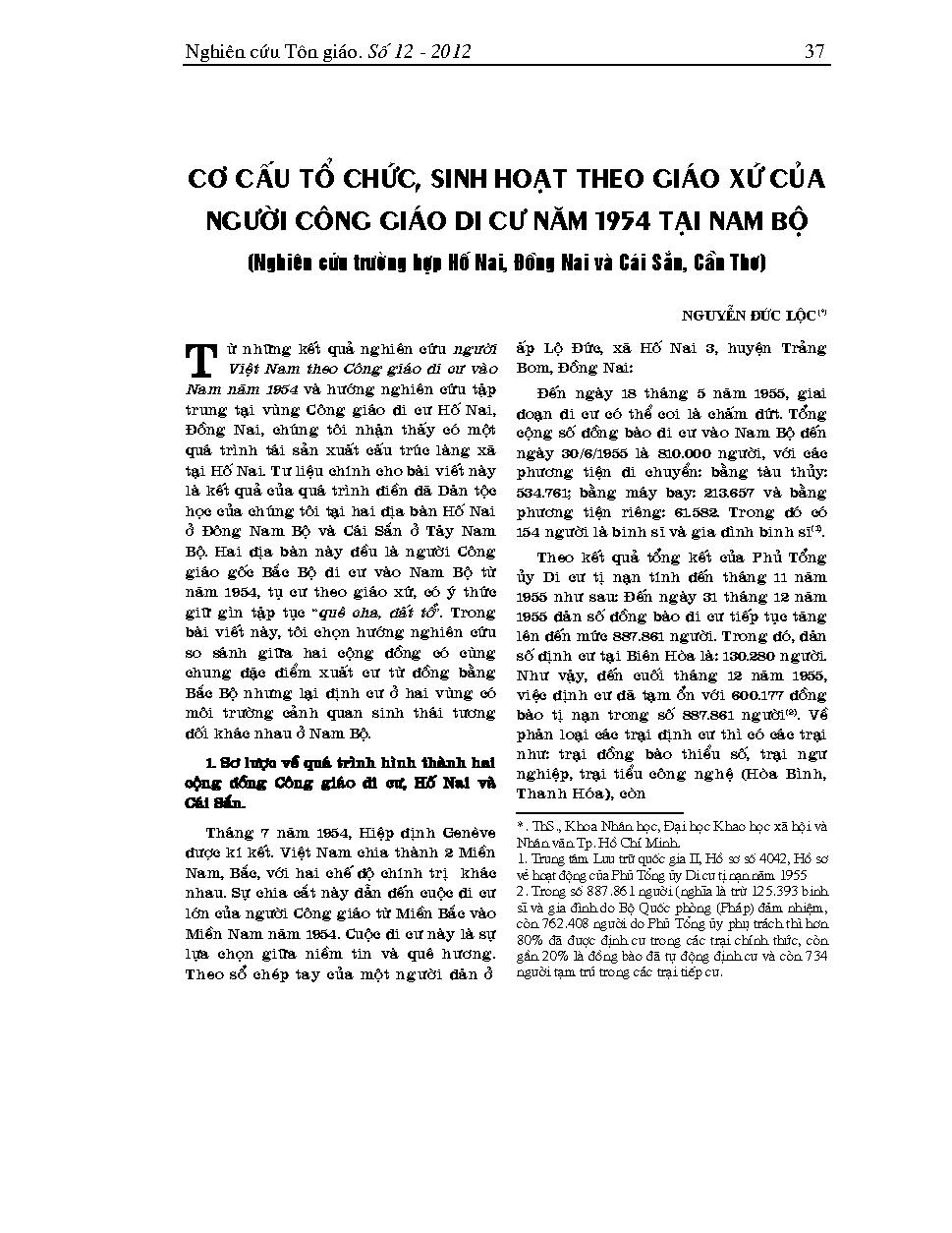 Cơ cấu tổ chức sinh hoạt theo giáo xứ của người công giáo di cư năm 1954 tại Nam Bộ (Nghiên cứu trường hợp Hố Nai - Đồng Nai và  Cái Sắn - Cần Thơ)