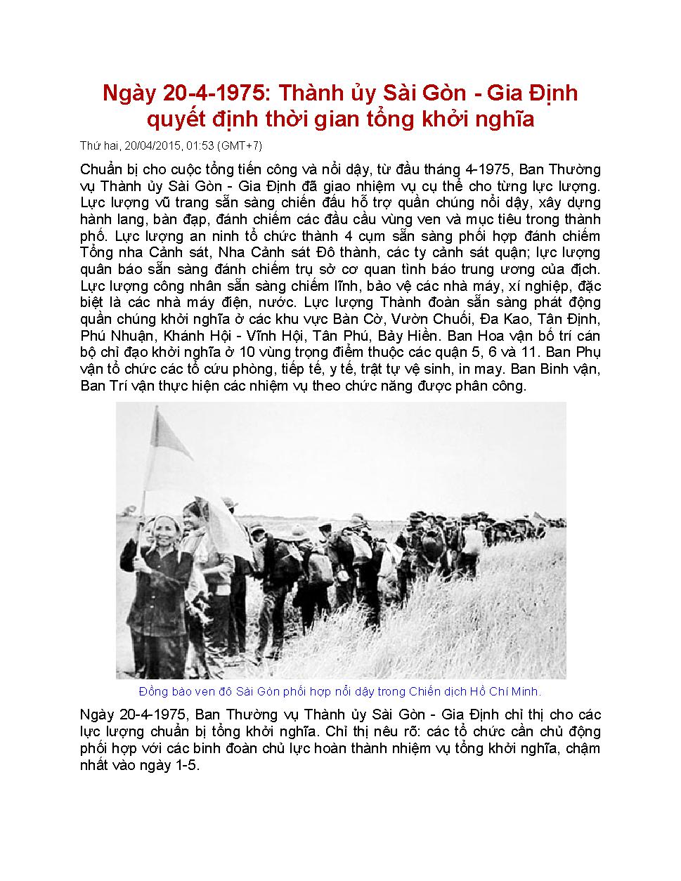 Ngày 20-4-1975: Thành uÌ‰y Sài Gòn - Gia ĐiÌ£nh quyêÌt điÌ£nh thơÌ€i gian tôÌ‰ng khơÌ‰i nghĩa