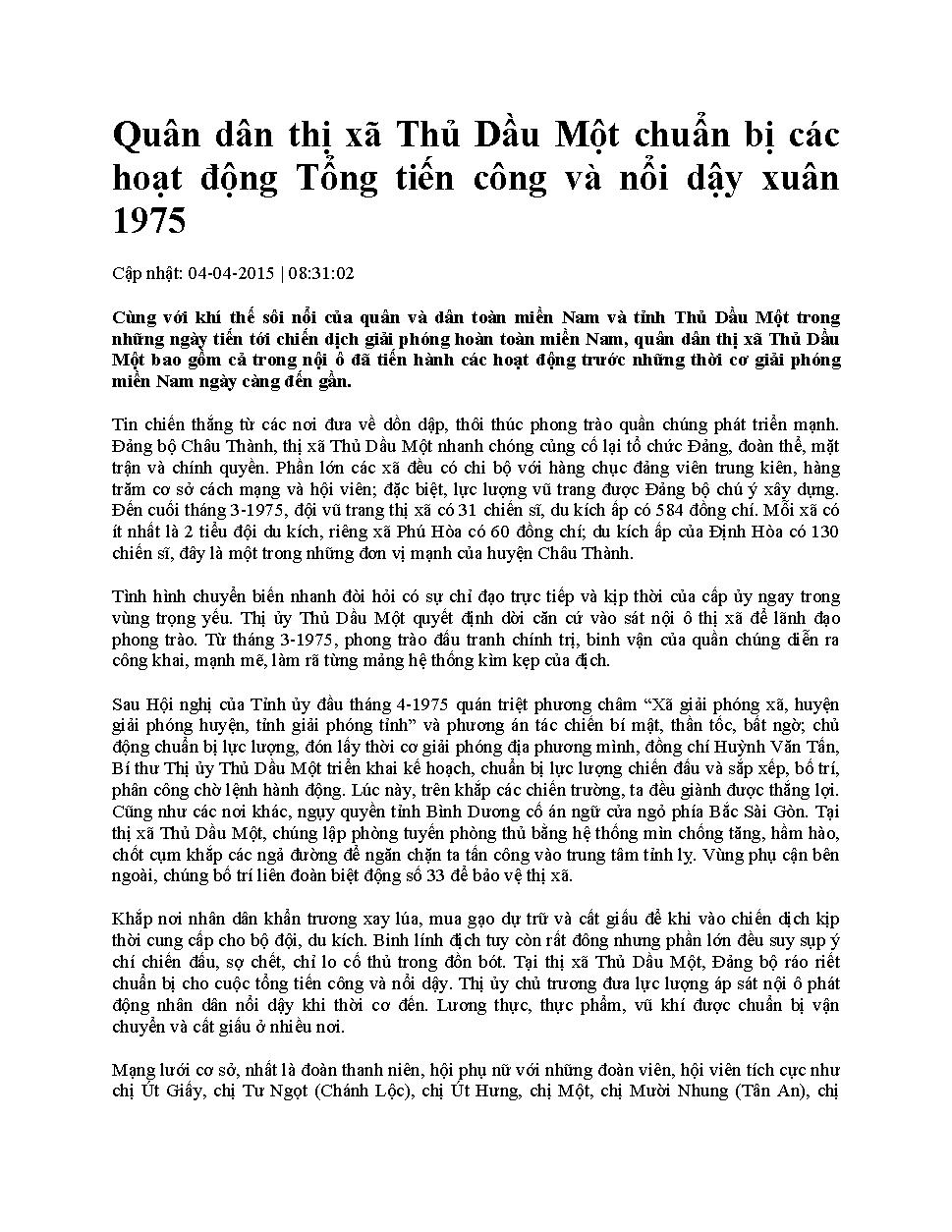 Quân dân thị xã Thủ Dầu Một chuẩn bị các hoạt động Tổng tiến công và nổi dậy xuân 1975