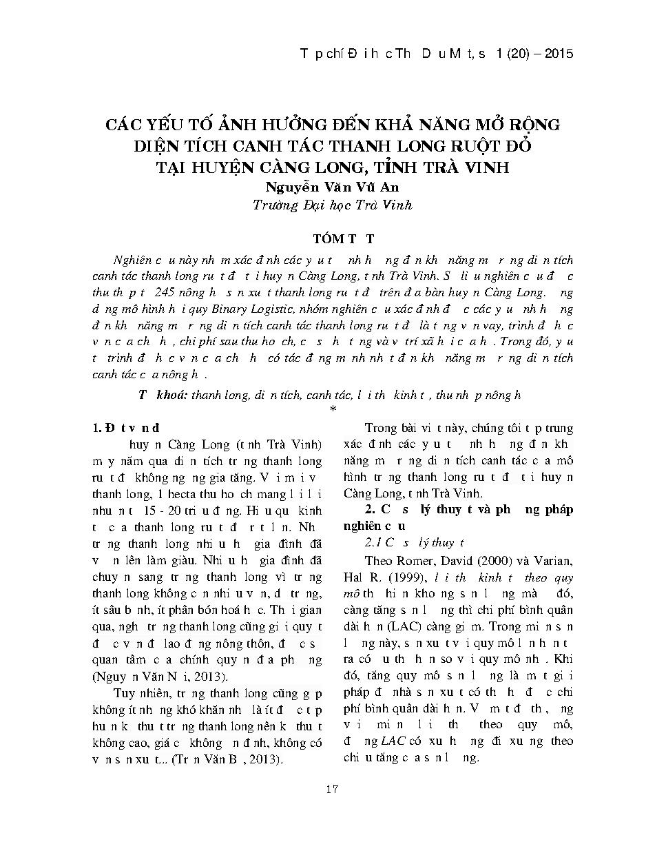 Các yếu tố ảnh hưởng đến khả năng mở rộng diện tích canh tác thanh long ruột đỏ tại huyện Càng Long, tỉnh Trà Vinh