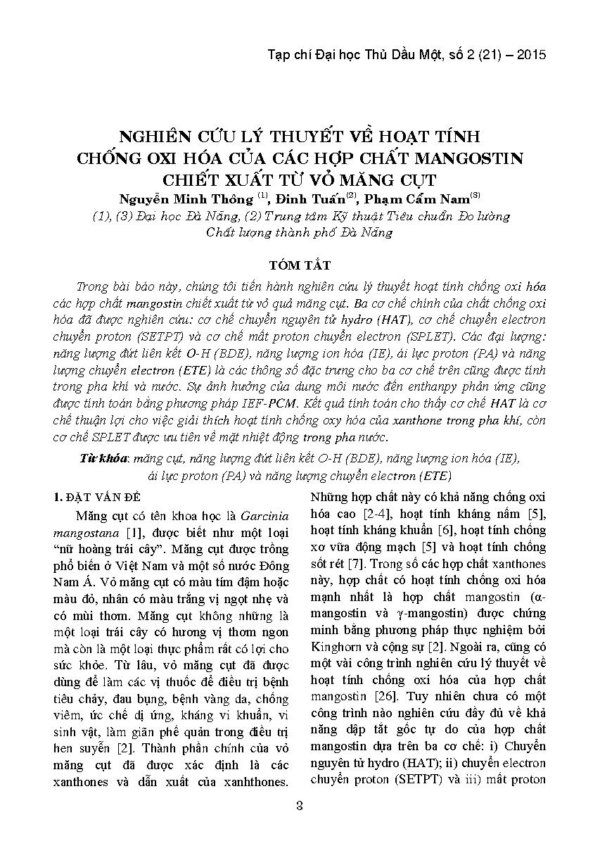 Nghiên cứu lý thuyết về hoạt tính chống oxi hóa của các hợp chất mangostin chiết xuất từ vỏ măng cụt