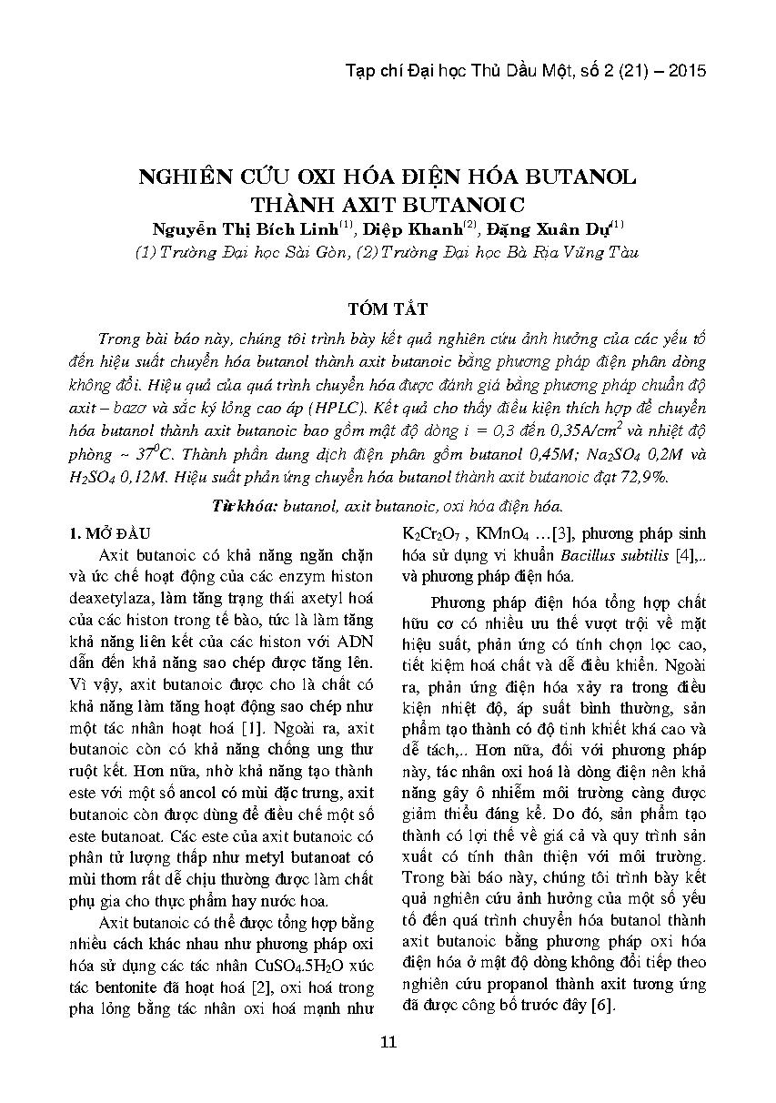 Nghiên cứu oxi hóa điện hóa butanol thành axit butanoic