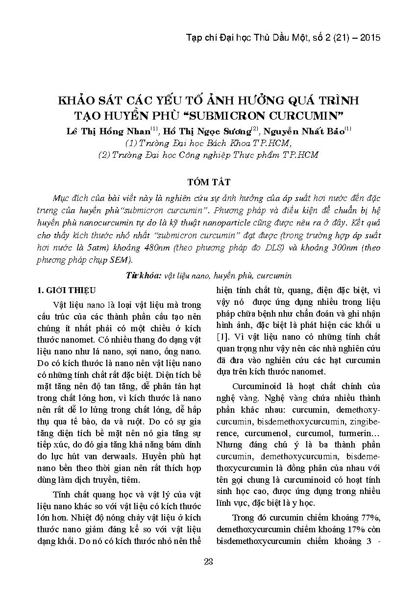 Khảo sát các yếu tố ảnh hưởng quá trình tạo huyền phù "submicron curcumin"