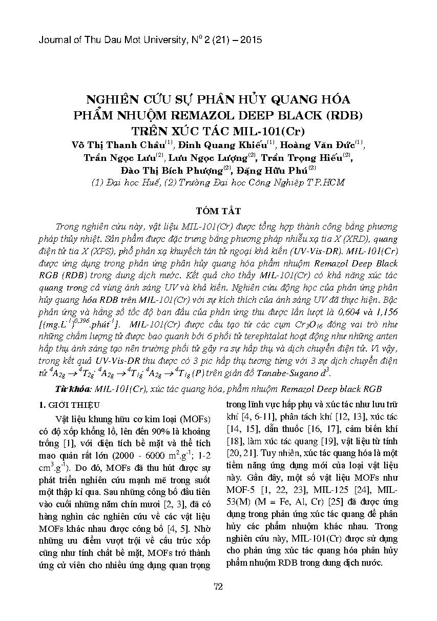 Nghiên cứu sự phân hủy quang hóa phẩm nhuộm remazol deep black (RDB) trên xúc tác mil-101(Cr)