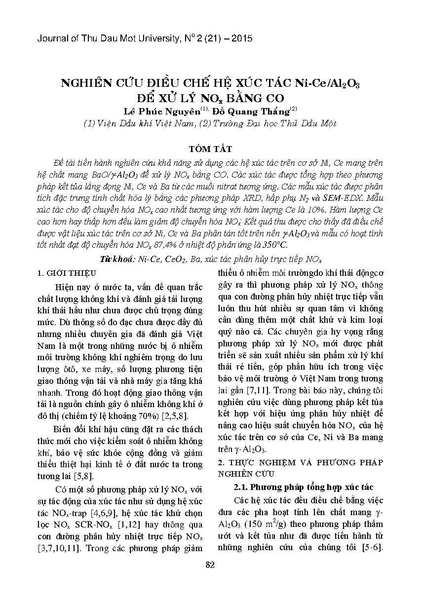 Nghiên cứu điều chế hệ xúc tác Ni-Ce/Al2O3 để xử lý NOx bằng CO