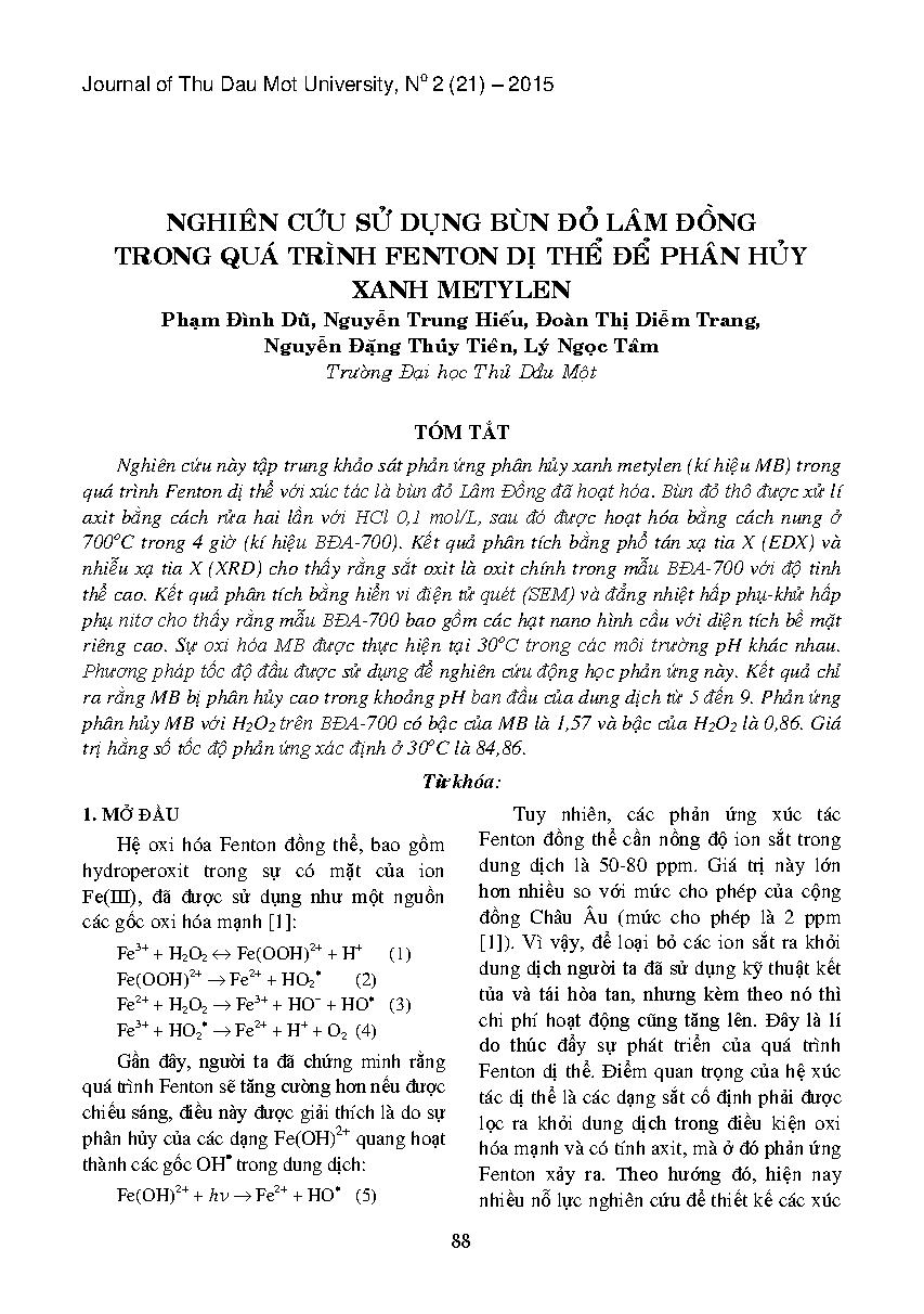 Nghiên cứu sử dụng bùn đỏ lâm đồng trong quá trình fenton dị thể để phân hủy xanh metylen