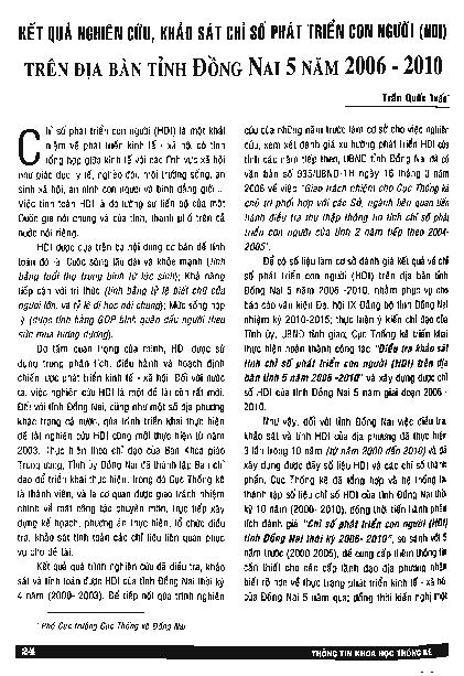 Kết quả nghiên cứu, khảo sát chỉ số phát triển con người (HDI) trên địa bàn tỉnh Đồng Nai 5 năm 2006-2010