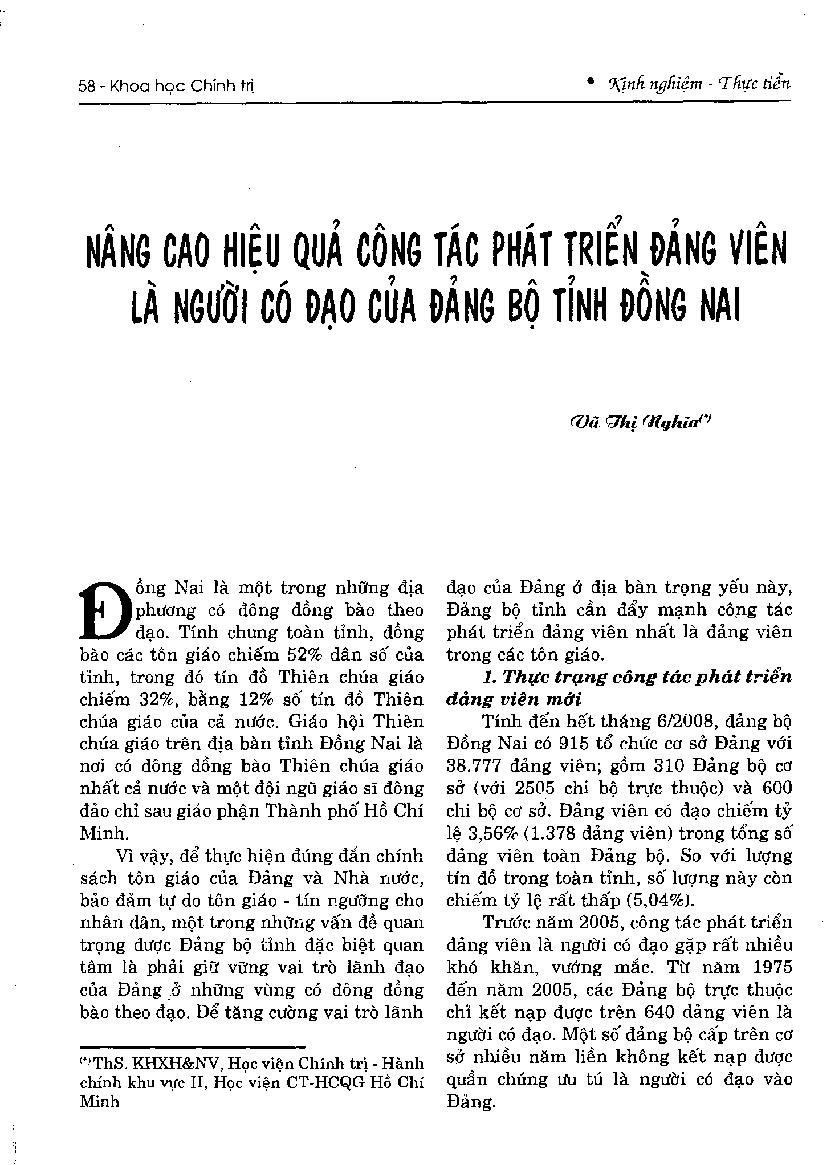 Nâng cao hiệu quả công tác phát triển đảng viên là người có đạo của đảng bộ tỉnh Đồng Nai