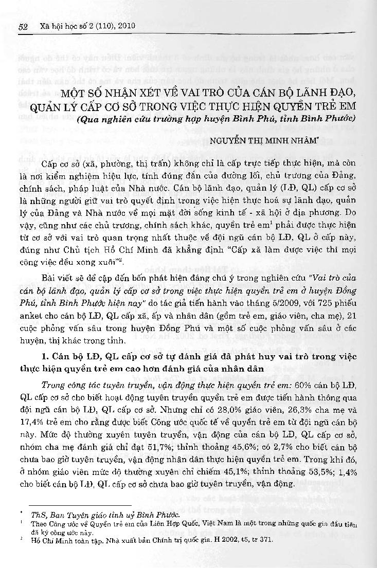 Một số nhận xét về vai trò của cán bộ lãnh đạo, quản lý cấp cơ sở trong việc thực hiện quyền trẻ em (Qua nghiên cứu trường hợp huyện Bình Phú, tỉnh Bình Phước)