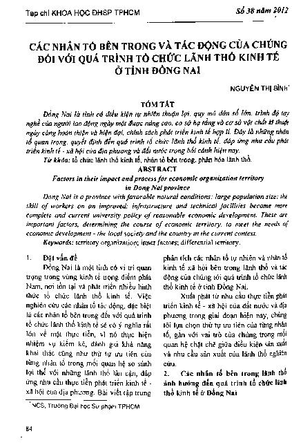 Các nhân tố bên trong và tác động của chúng đối với quá trình tổ chức lãnh thổ kinh tế ở tỉnh Đồng Nai