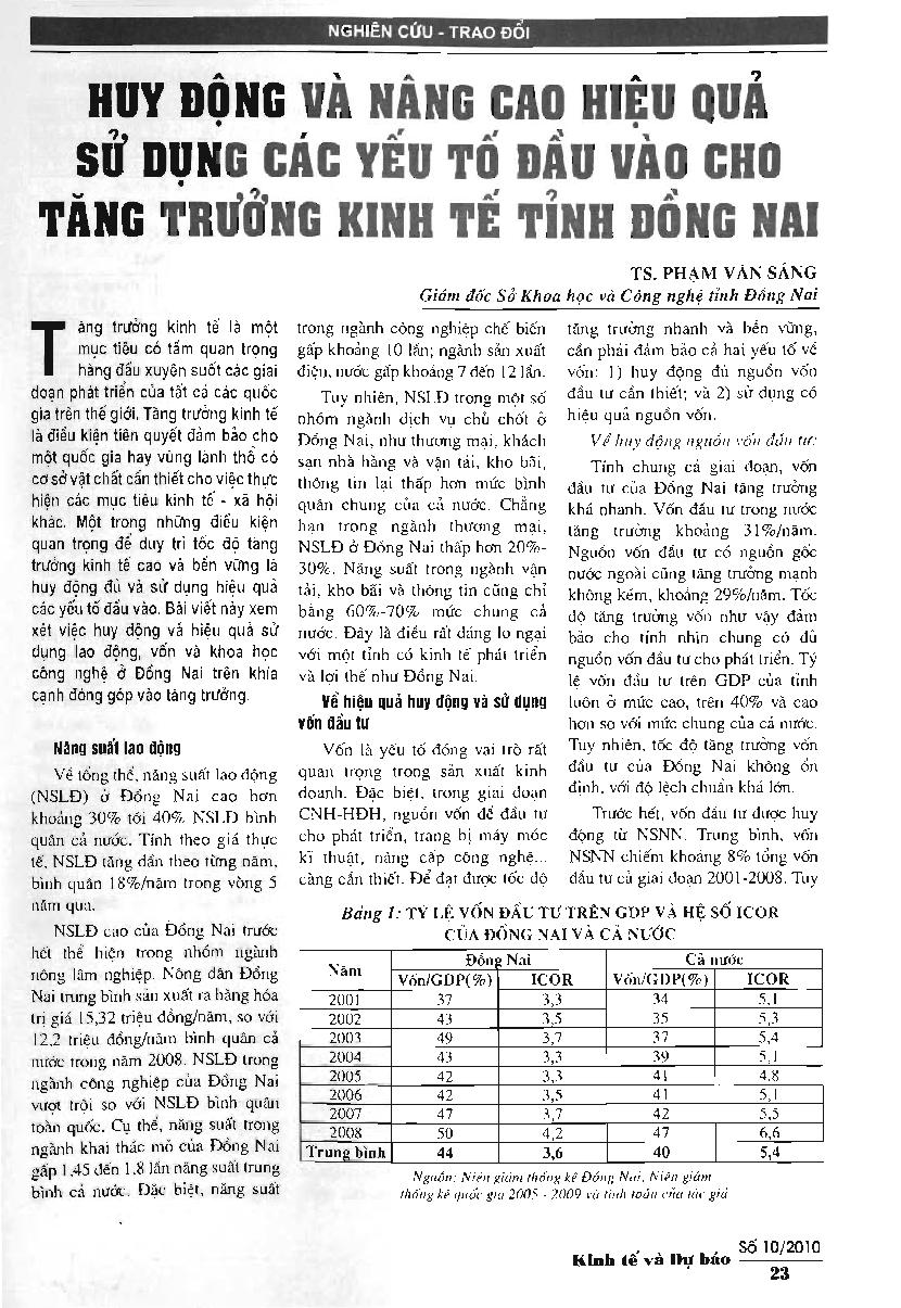 Huy động và nâng cao hiệu quả sử dụng các yếu tố đầu vào cho tăng trưởng kinh tế tỉnh Đồng Nai