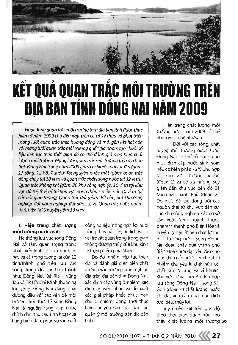 Kết quả quan trắc môi trường trên địa bàn tỉnh Đồng Nai năm 2009