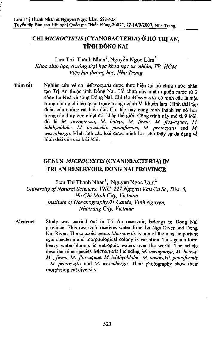 Chi Microcyctis (Cyanobacteria) ở Hồ Trị An, tỉnh Đồng Nai
