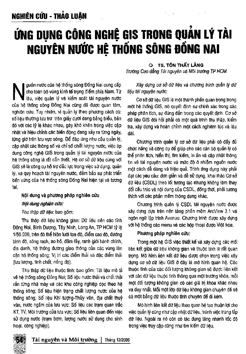 Ứng dụng công nghệ GIS trong quản lý tài nguyên nước hệ thống sông Đồng Nai