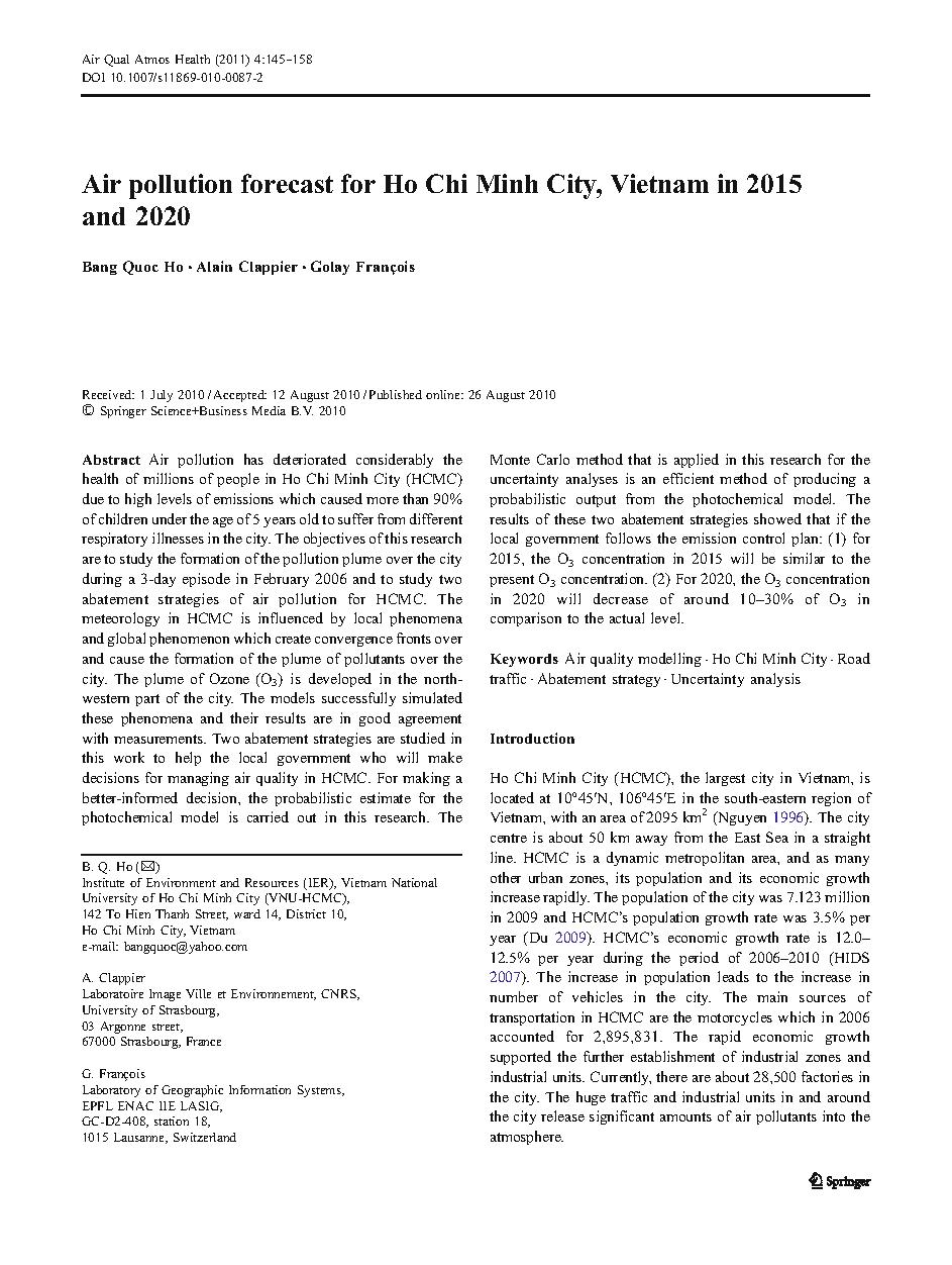 Air pollution forecast for Ho Chi Minh City, Vietnam in 2015 and 2020