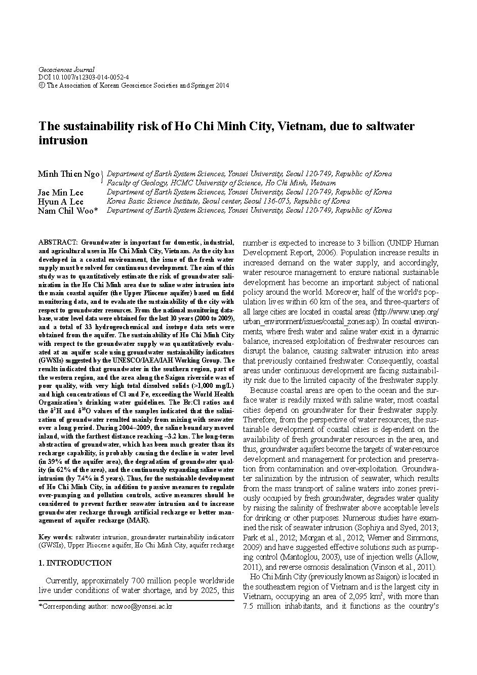 The sustainability risk of Ho Chi Minh City, Vietnam, due to saltwater intrusion