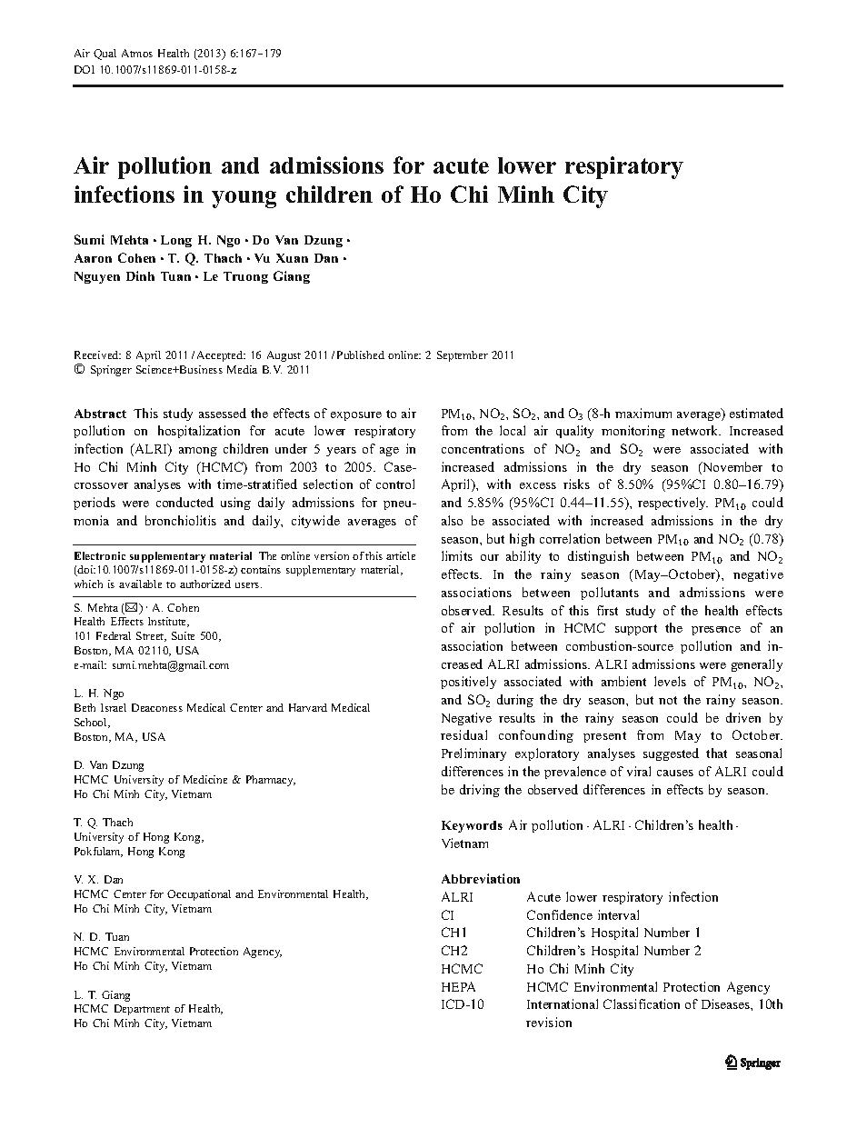 Air pollution and admissions for acute lower respiratory infections in young children of Ho Chi Minh City