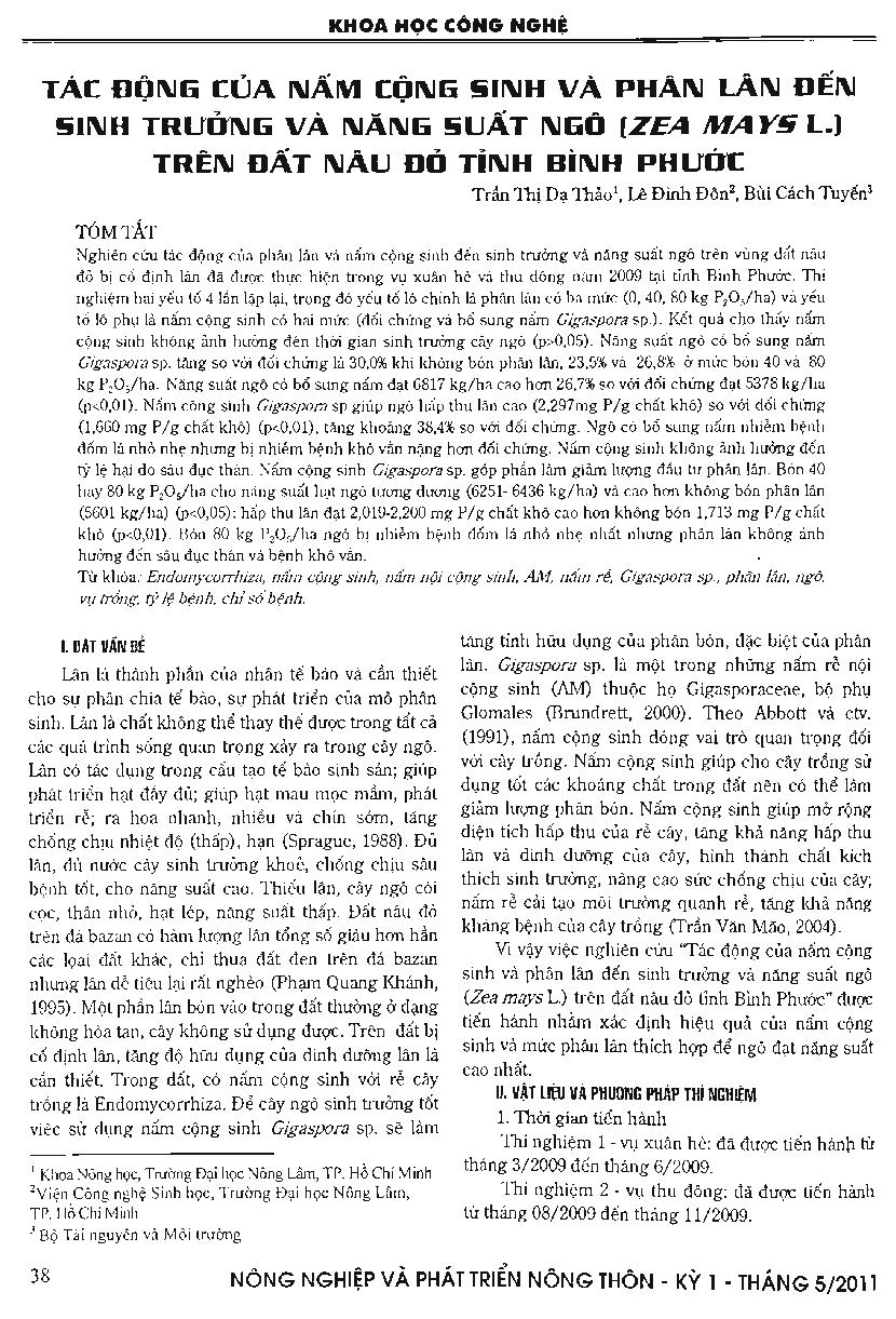 Tác động của nấm cộng sinh và phân lân đến sinh trưởng và năng suất ngô (zea may L.) trên đất nâu đỏ tỉnh Bình Phước
