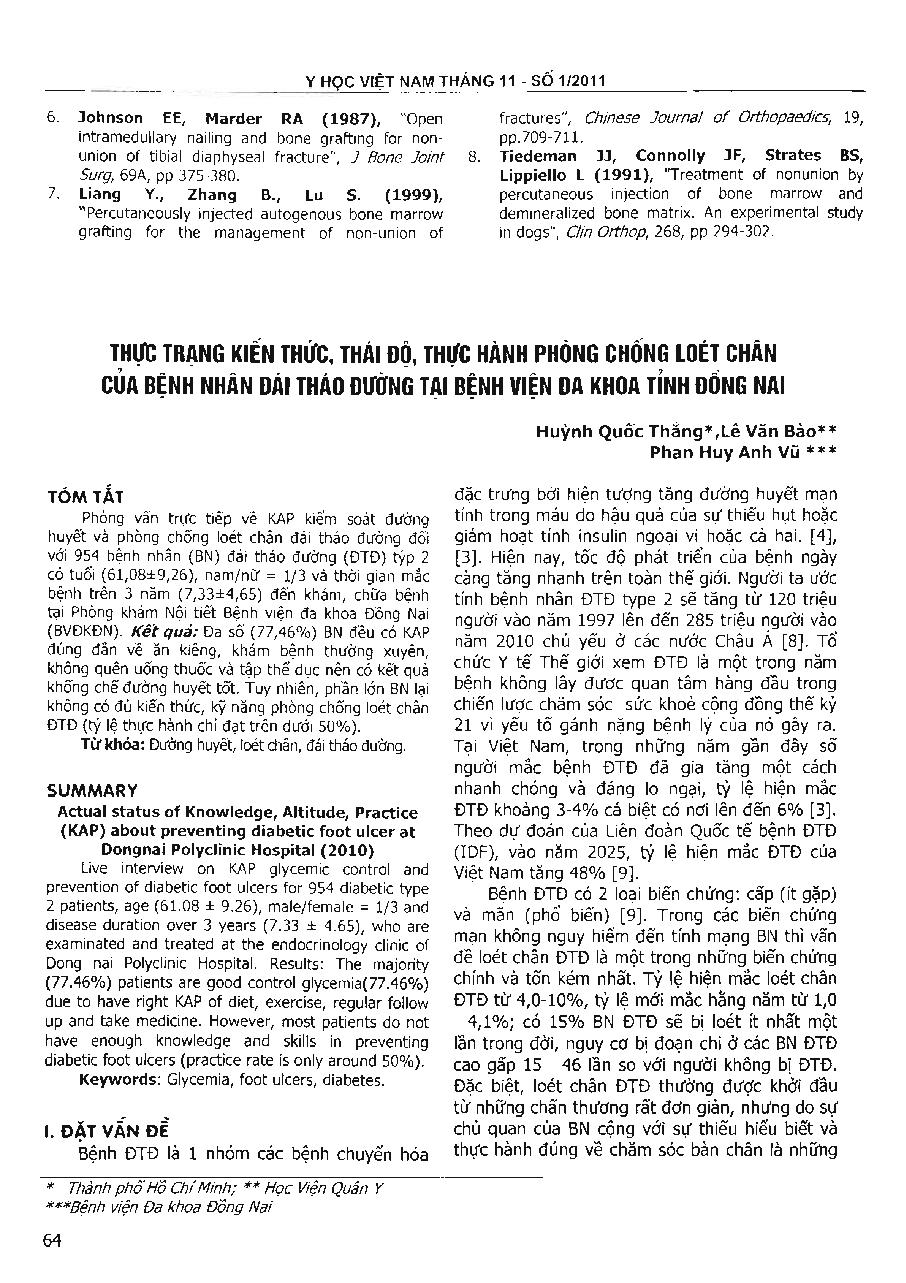 Thực trạng kiến thức, thái độ, thực hành phòng chống loét chân của bệnh nhân đái tháo đường tại bệnh viện đa khoa tỉnh Đồng Nai