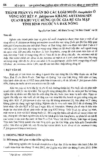 Thành phần và phân bố các loài muỗi Anopheles ở vùng sốt rét P.falciparum kháng Artemisinin quanh khu vực rừng quốc gia Bù Gia Mập tỉnh Bình Phước và Đắk Nông