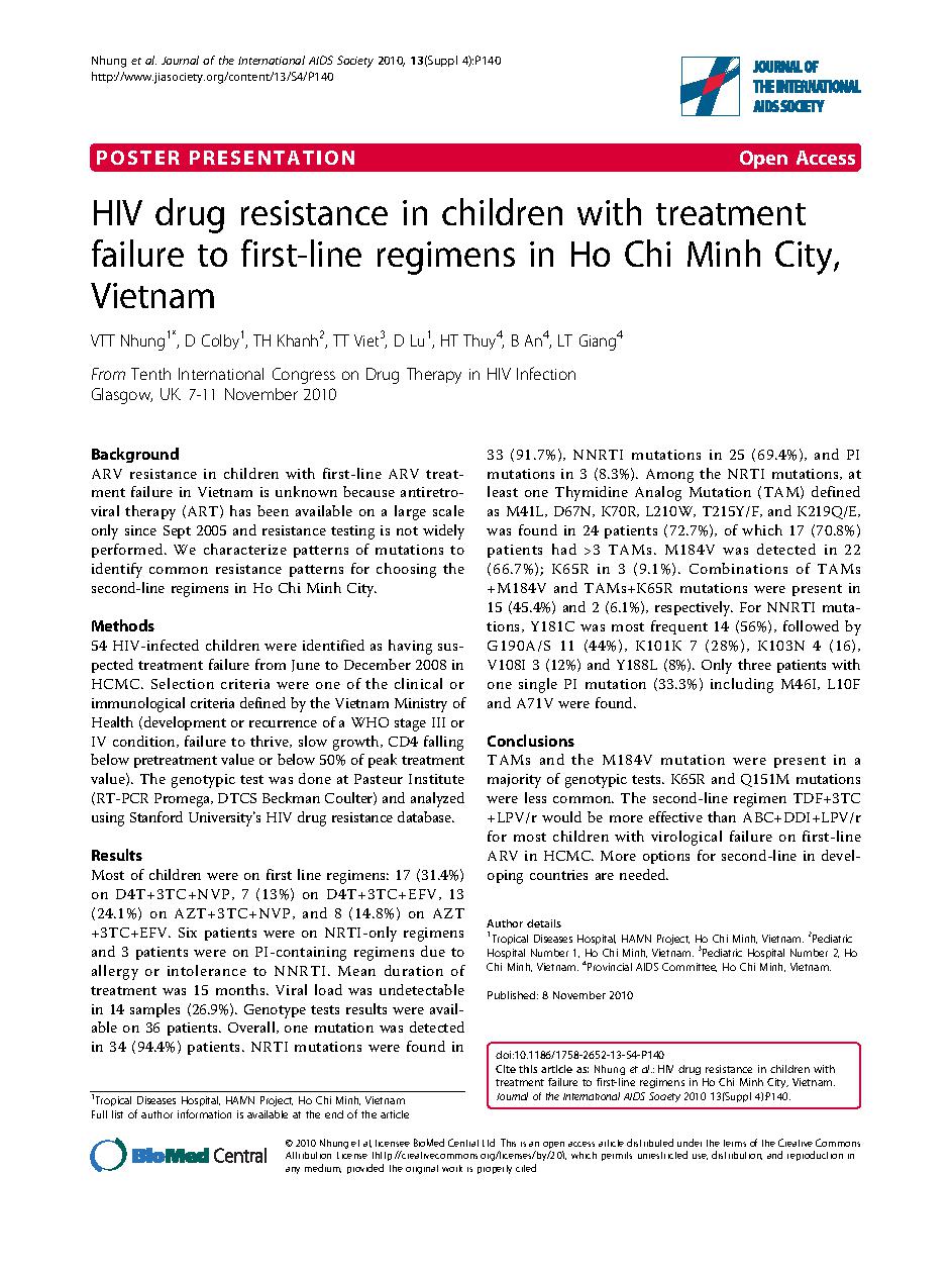 HIV drug resistance in children with treatment failure to first-line regimens in Ho Chi Minh City, Vietnam