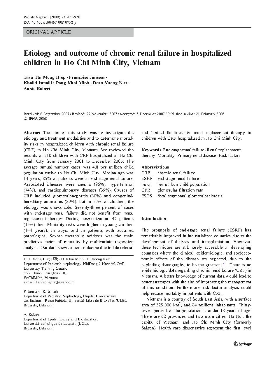 Etiology and outcome of chronic renal failure in hospitalized children in Ho Chi Minh City, Vietnam