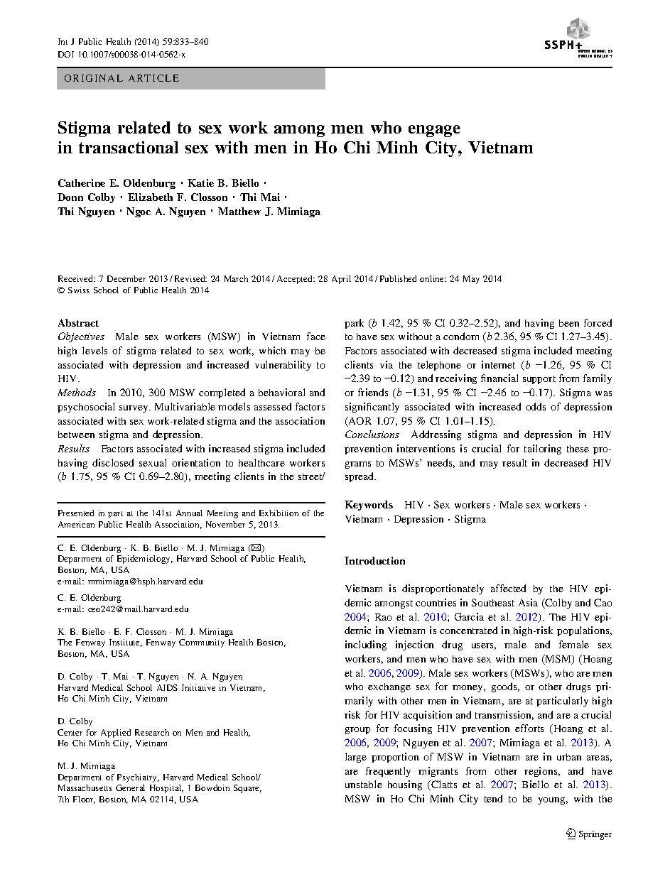 Stigma related to sex work among men who engage in transactional sex with men in Ho Chi Minh City, Vietnam