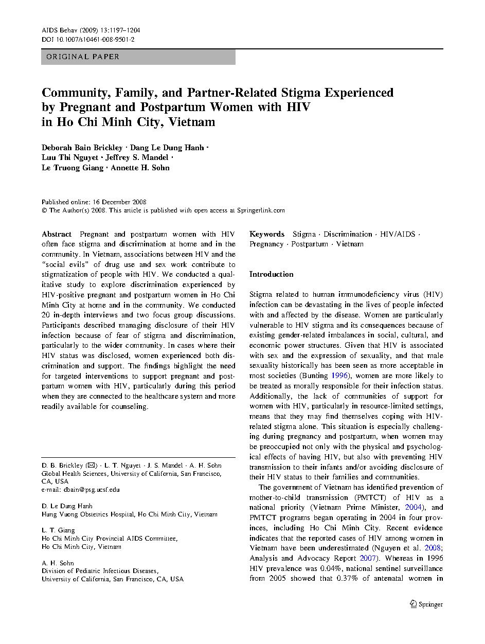 Community, Family, and Partner-Related Stigma Experienced by Pregnant and Postpartum Women with HIV in Ho Chi Minh City, Vietnam