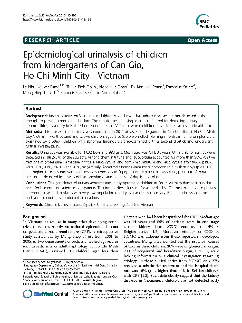 Epidemiological urinalysis of children from kindergartens of Can Gio, Ho Chi Minh City - Vietnam