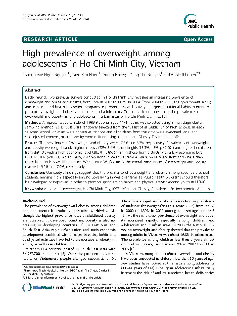 High prevalence of overweight among adolescents in Ho Chi Minh City, Vietnam