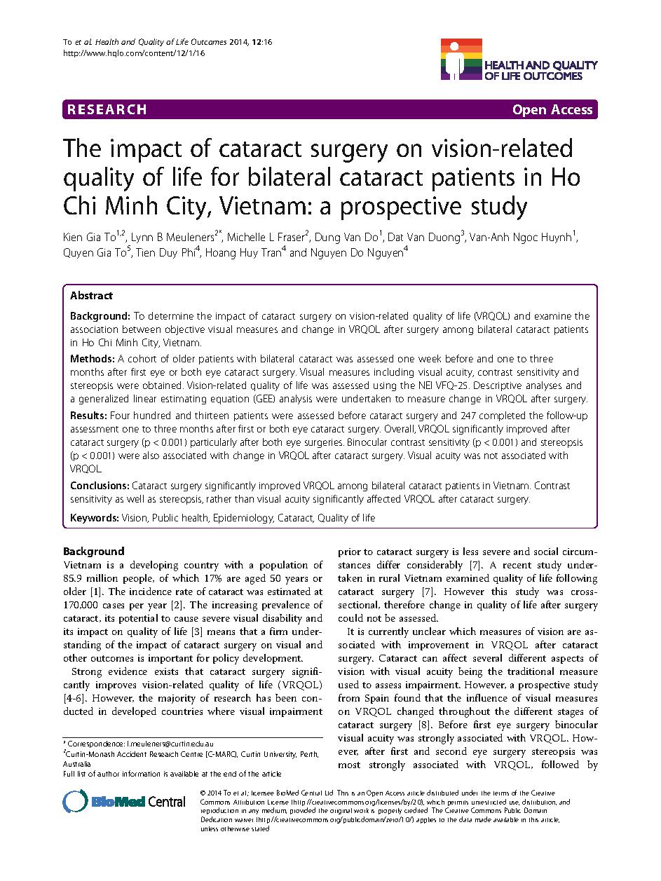 The impact of cataract surgery on vision-related quality of life for bilateral cataract patients in Ho Chi Minh City, Vietnam: a prospective study