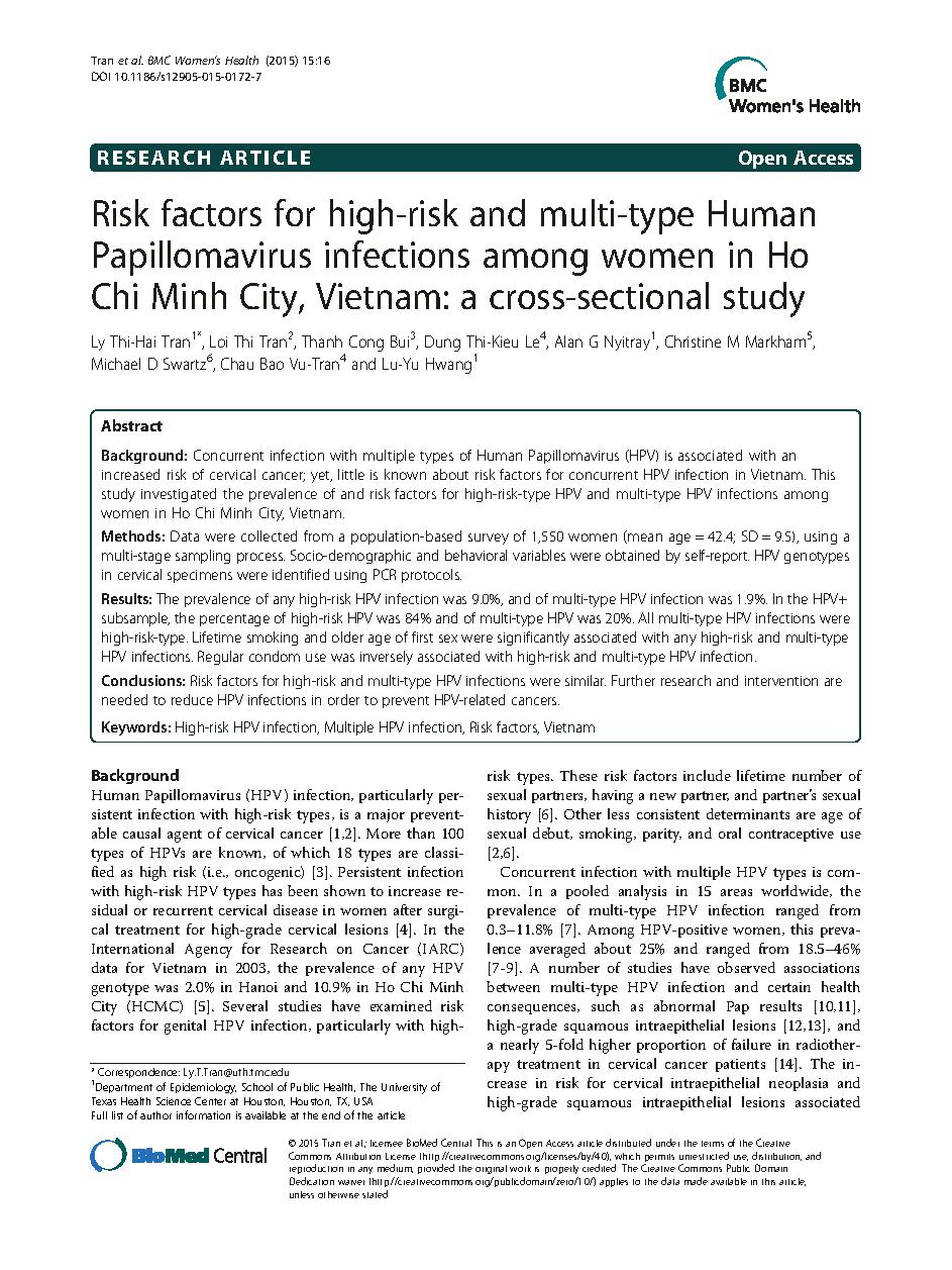 Risk factors for high-risk and multi-type Human Papillomavirus infections among women in Ho Chi Minh City, Vietnam: a cross-sectional study