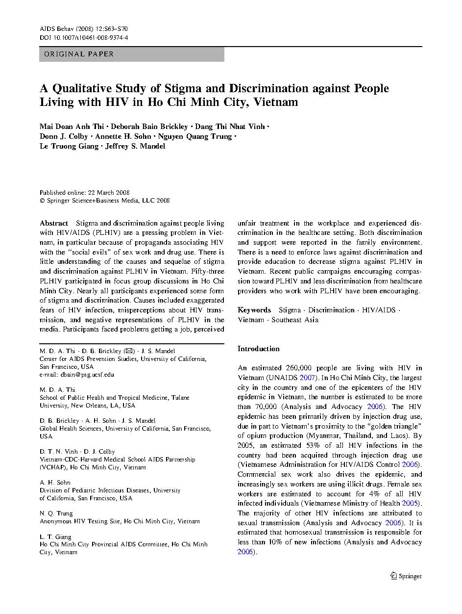 A Qualitative Study of Stigma and Discrimination against People Living with HIV in Ho Chi Minh City, Vietnam